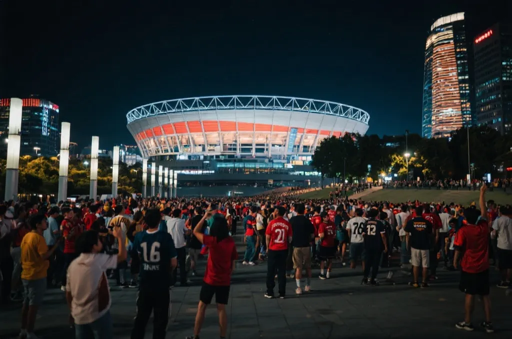 世界杯球迷与城市夜景交融的氛围场景