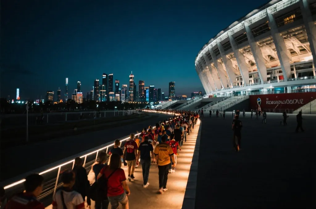 世界杯球场外夜色与球迷人群的旅行氛围场景